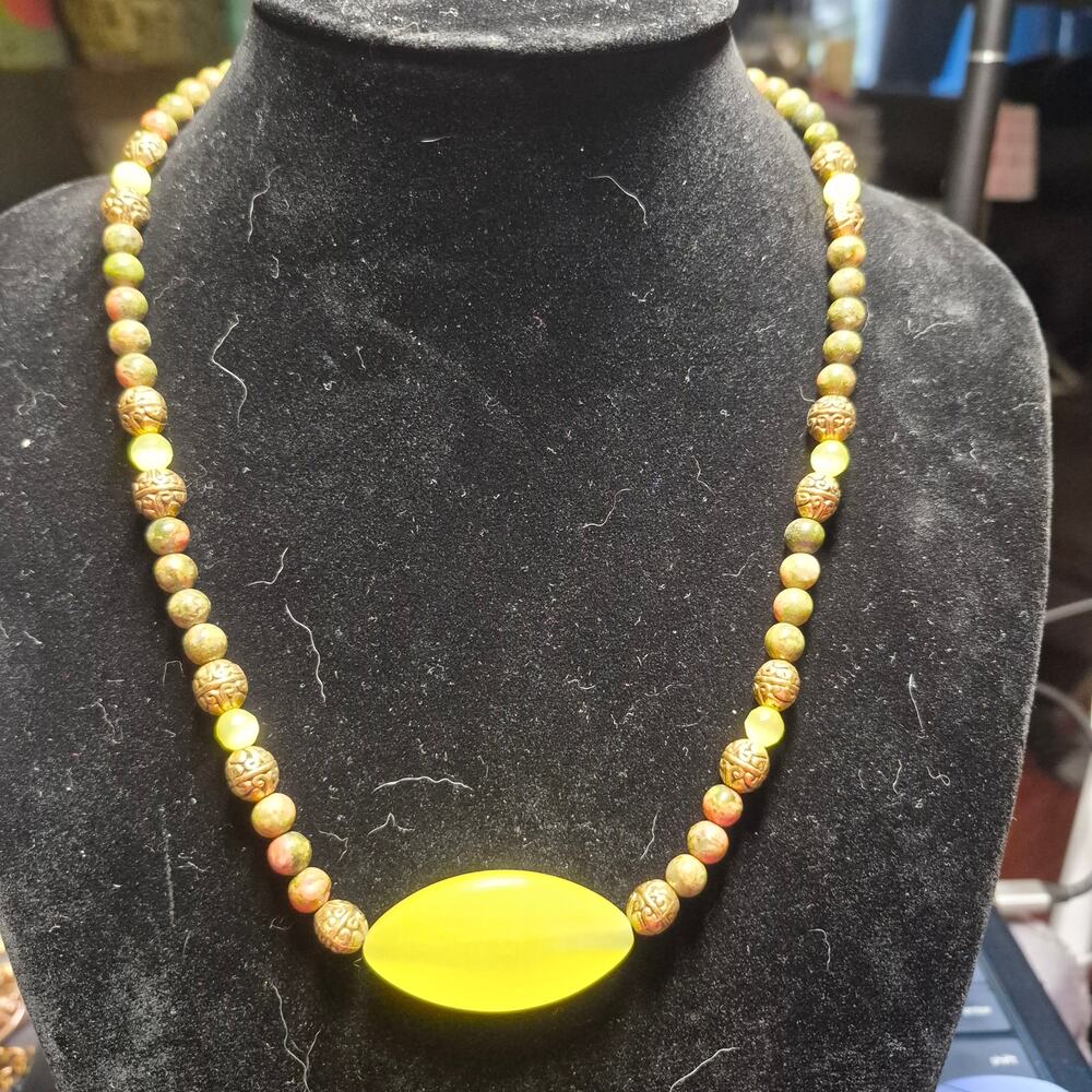 Handcrafted Genuine Unakite & Tigers Eye Beaded Statement Necklace 18" Bronze